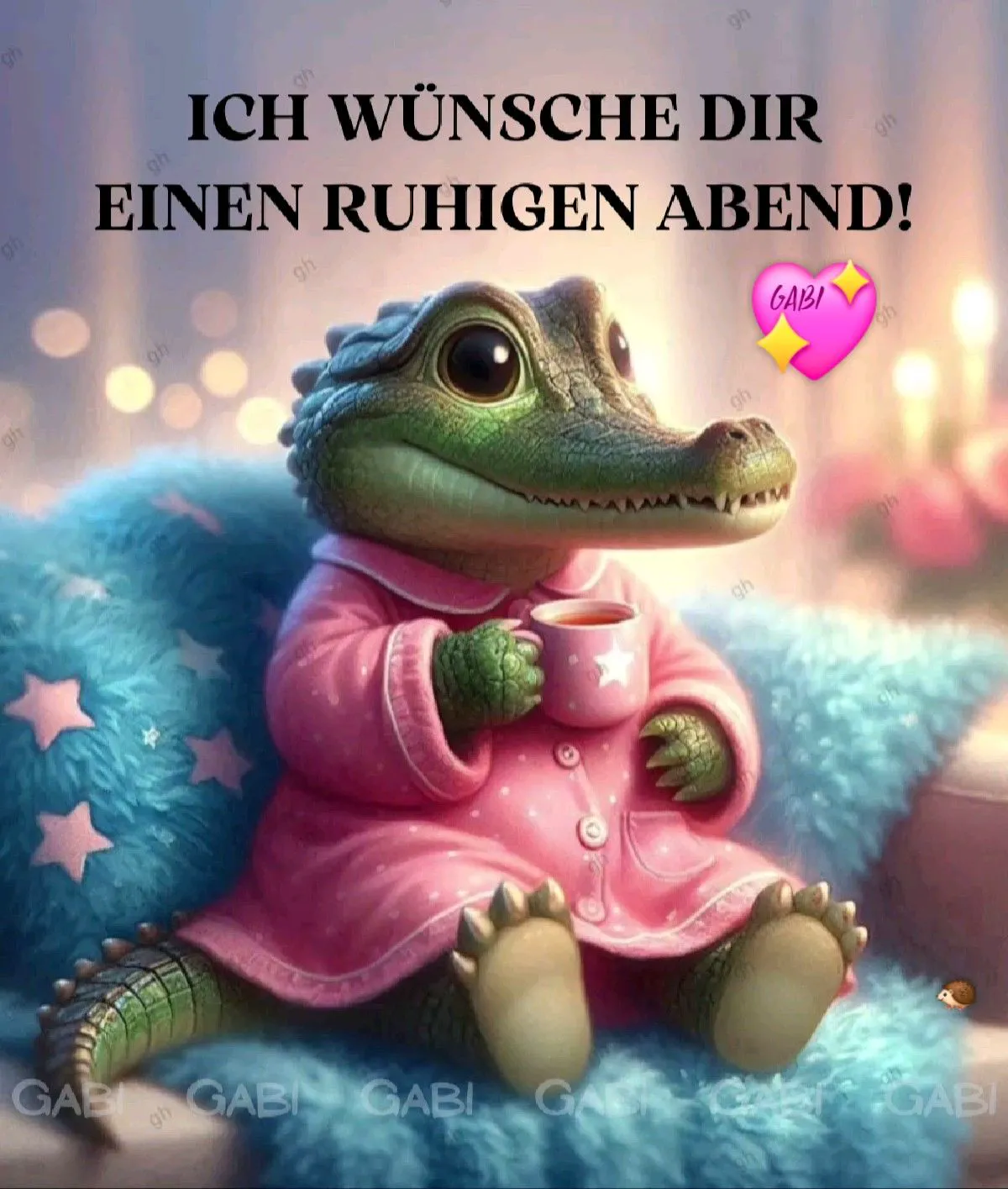 Niedliches Baby-Krokodil in pinkem Pyjama, gemütlich auf einem blauen Kissen sitzend, mit einer Tasse Tee in der Hand, um einen ruhigen Abend zu wünschen.